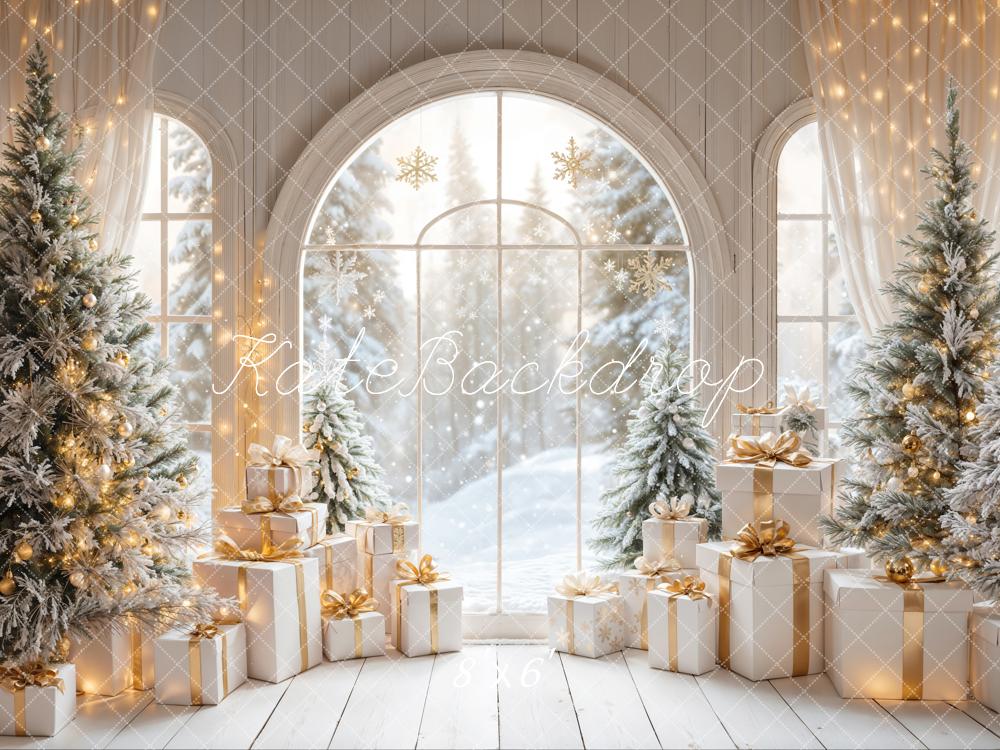 Kate White Arch Window With Christmas Tree Gifts Backdrop Designed by Emetselch -UK