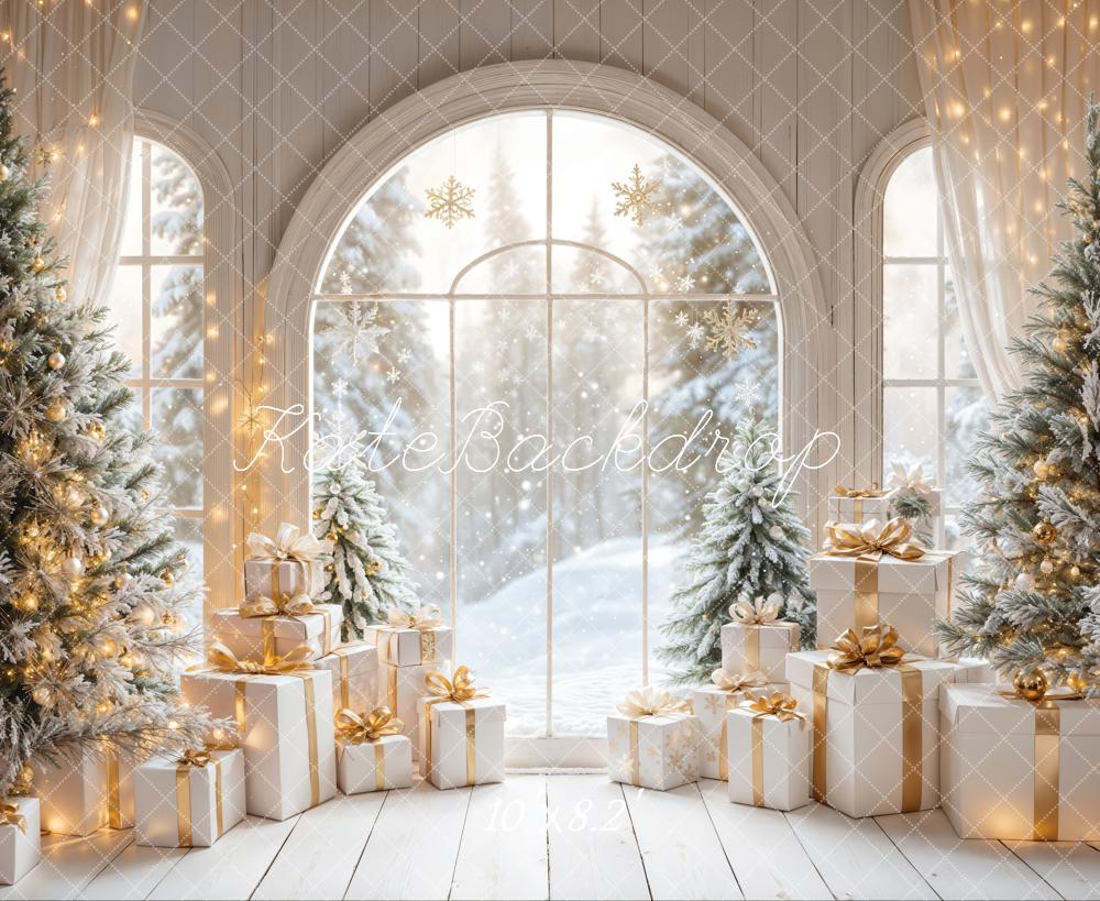 Kate White Arch Window With Christmas Tree Gifts Backdrop Designed by Emetselch -UK