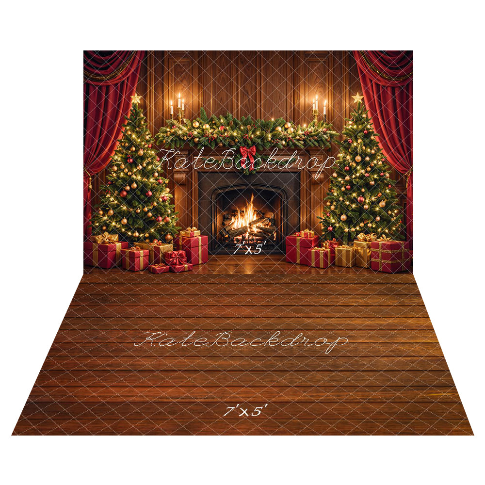 Kate Christmas Fireplace Tree Retro Wall Backdrop+Brown Wood Texture Floor Backdrop -UK