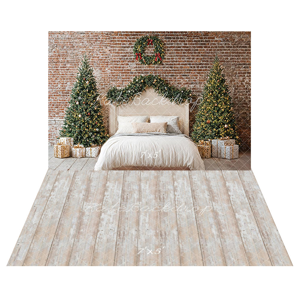 Kate Christmas Bedroom Brick Wall Backdrop+Rustic Wooden Plank Floor Backdrop -UK