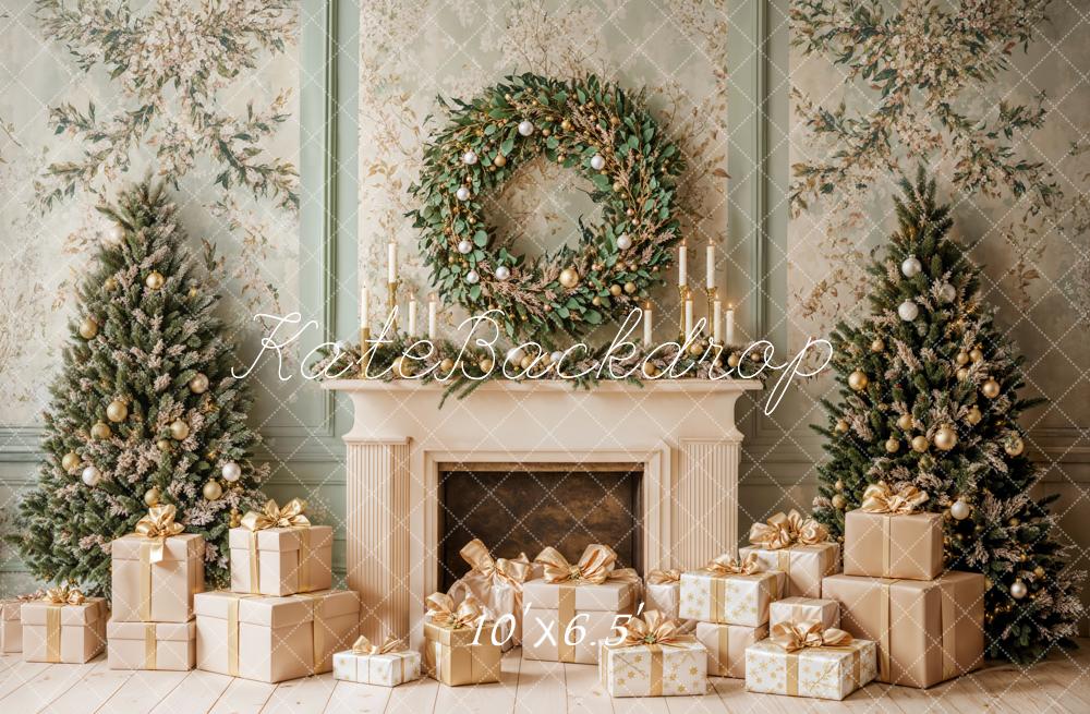 Kate Christmas Fireplace Tree Wreath Green Retro Wall Backdrop Designed by Emetselch -UK