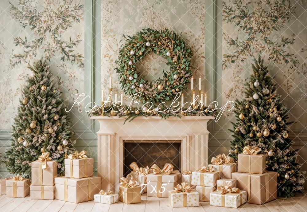 Kate Christmas Fireplace Tree Wreath Green Retro Wall Backdrop Designed by Emetselch -UK