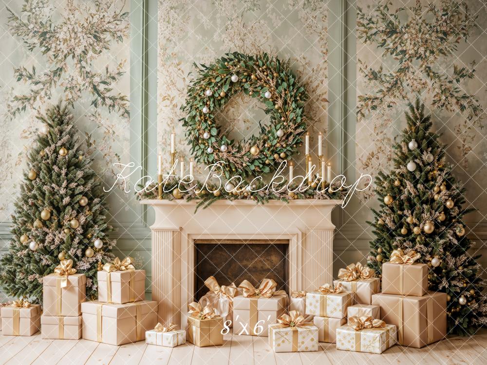 Kate Christmas Fireplace Tree Wreath Green Retro Wall Backdrop Designed by Emetselch -UK