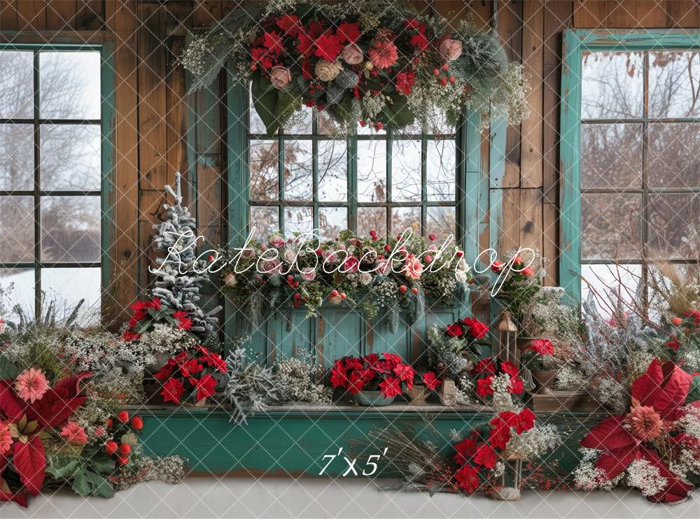 Kate Christmas Floral Blue Window Backdrop Designed by Laura Bybee