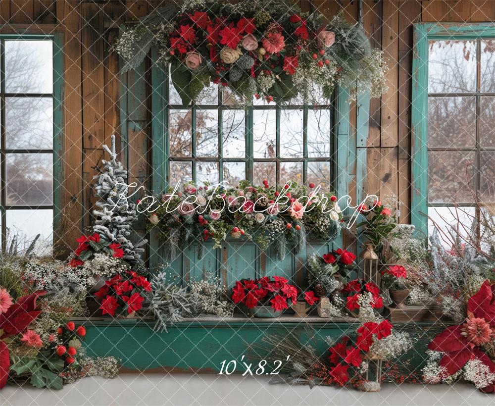 Kate Christmas Floral Blue Window Backdrop Designed by Laura Bybee