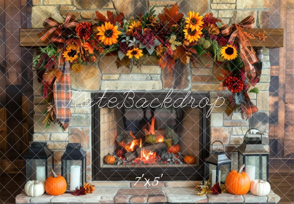 Kate Autumn Sunflower Fireplace Brick Wall Backdrop Designed by Mini MakeBelieve