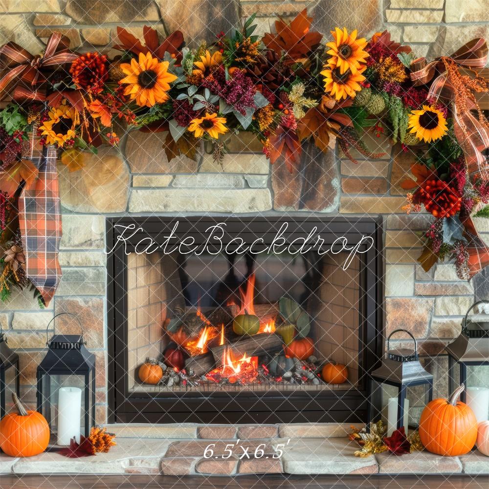 Kate Autumn Sunflower Fireplace Brick Wall Backdrop Designed by Mini MakeBelieve