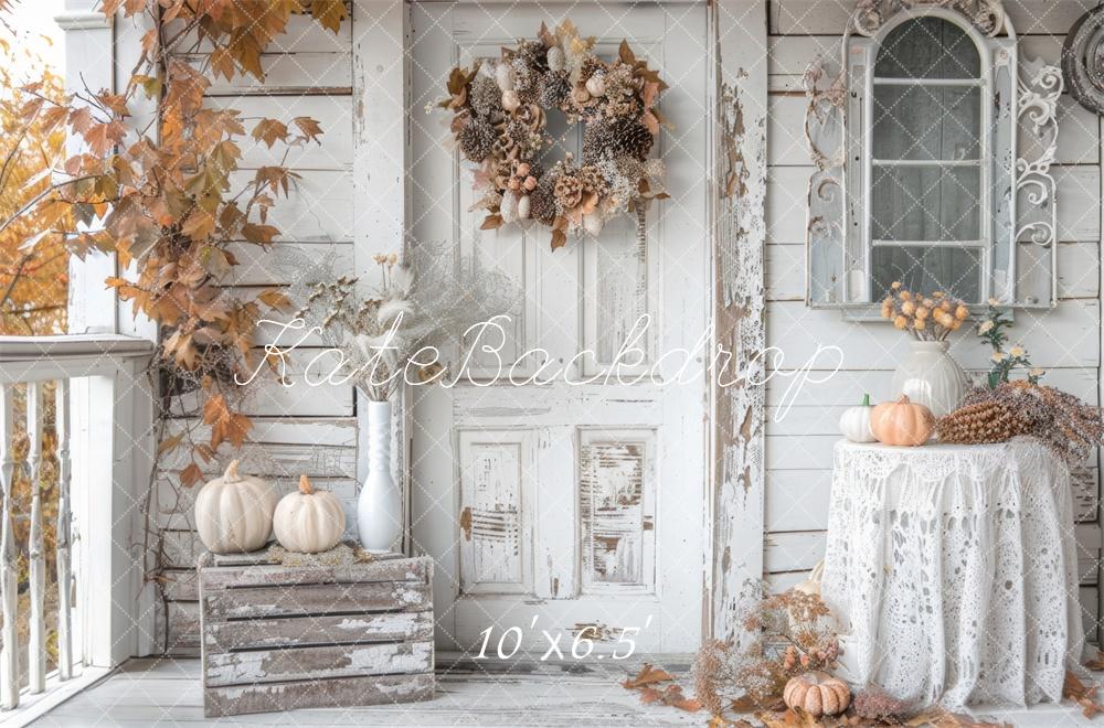 Kate Autumn Shabby White Rustic Pumpkins Door Backdrop Designed by Mini MakeBelieve -UK