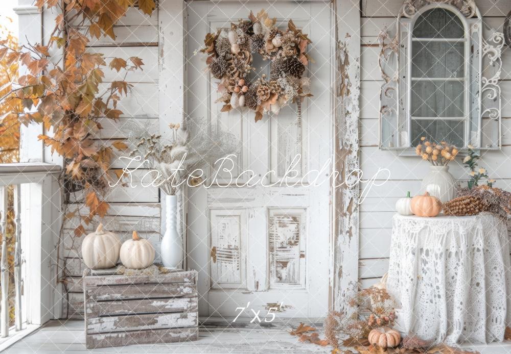 Kate Autumn Shabby White Rustic Pumpkins Door Backdrop Designed by Mini MakeBelieve -UK