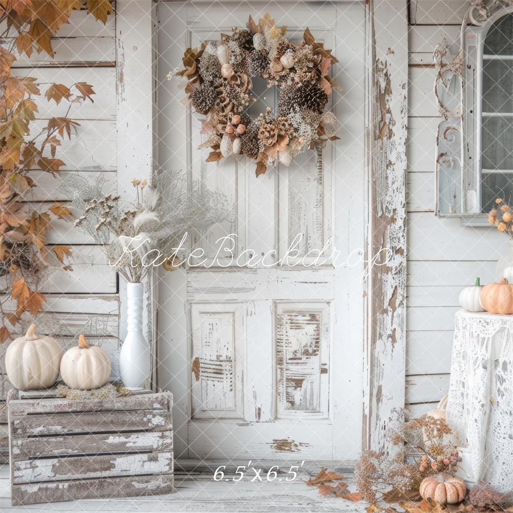 Kate Autumn Shabby White Rustic Pumpkins Door Backdrop Designed by Mini MakeBelieve -UK