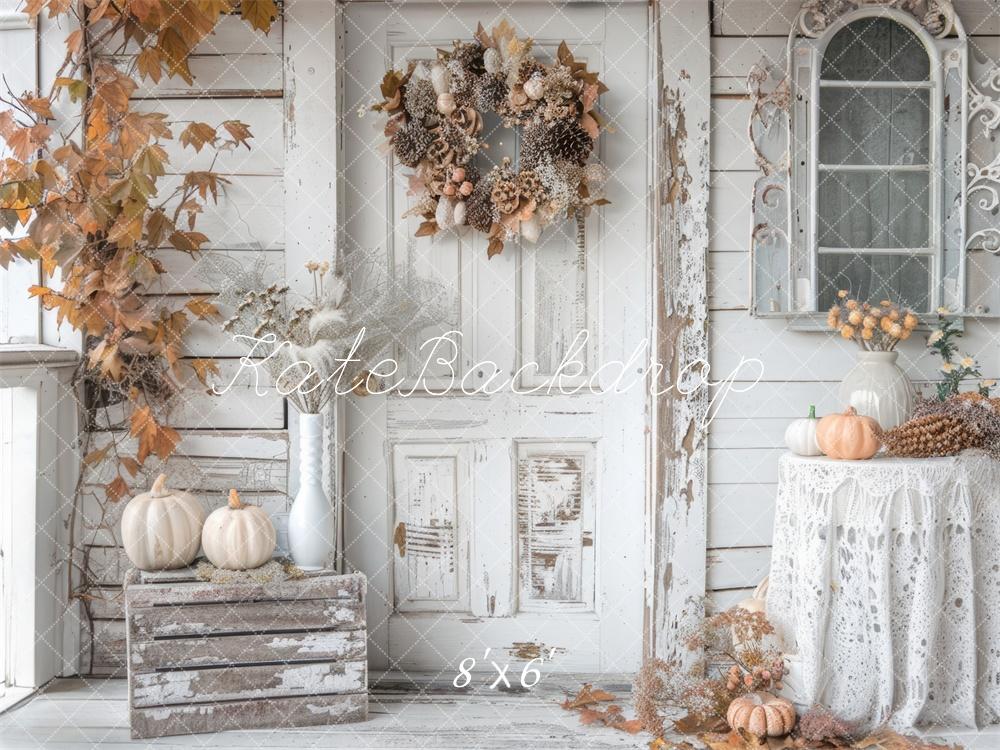 Kate Autumn Shabby White Rustic Pumpkins Door Backdrop Designed by Mini MakeBelieve -UK