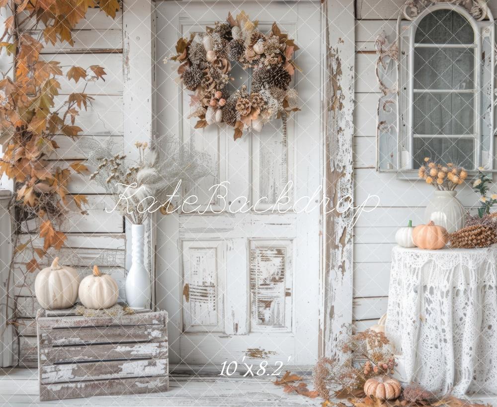 Kate Autumn Shabby White Rustic Pumpkins Door Backdrop Designed by Mini MakeBelieve -UK