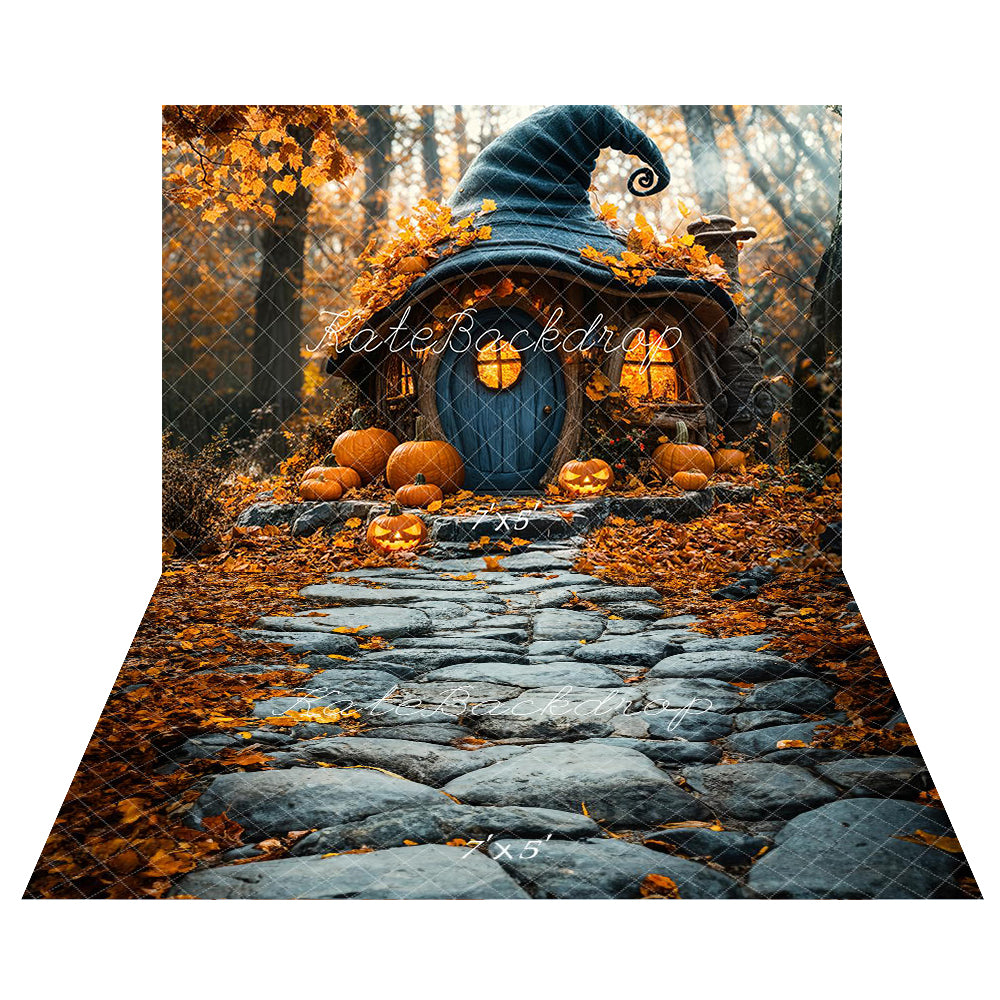 Kate Halloween Pumpkin Witch Hat Cottage Backdrop+Cobblestone Path Floor Backdrop