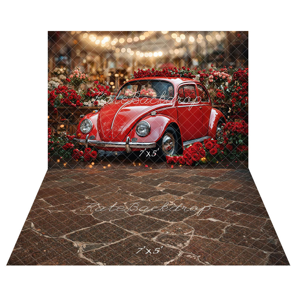 Kate Valentine's Day Red Car Roses Backdrop+Cobblestone Brown Floor Backdrop -UK