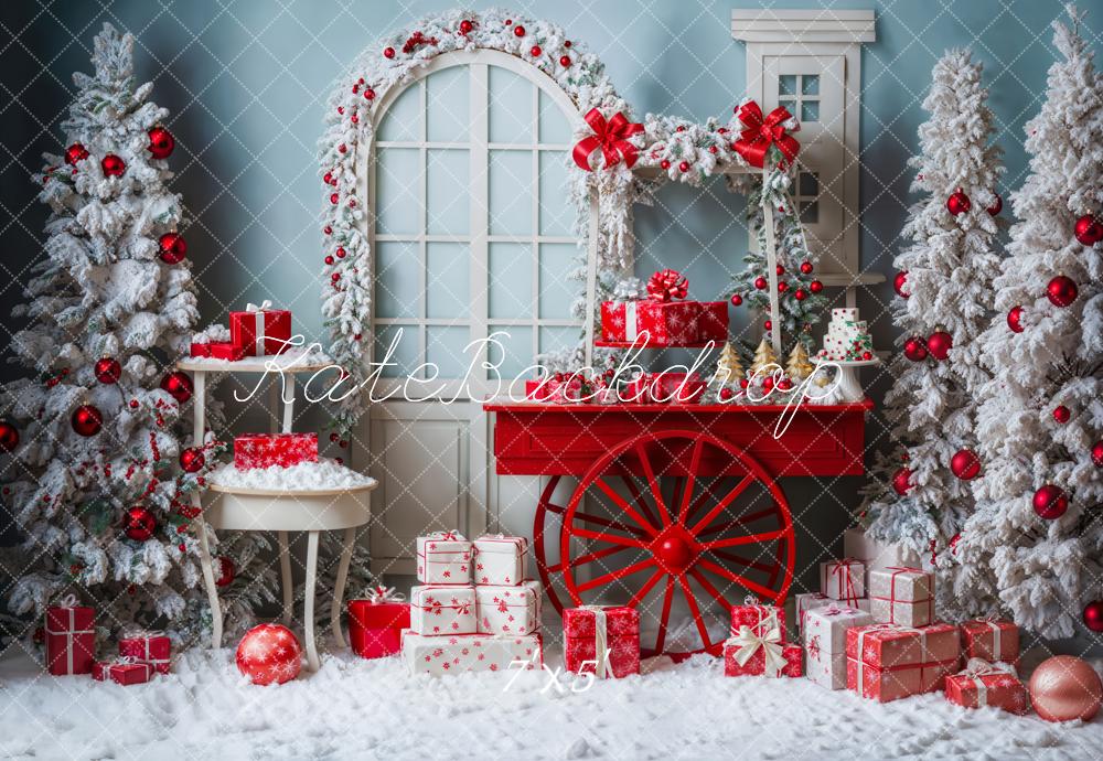 Kate Christmas Tree Snowy Red Gift Cart Backdrop Designed by Emetselch