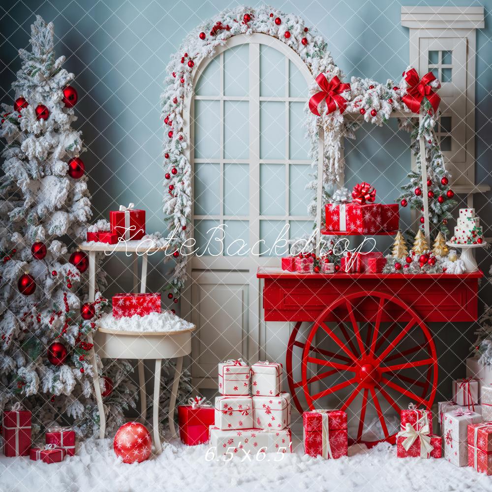 Kate Christmas Tree Snowy Red Gift Cart Backdrop Designed by Emetselch