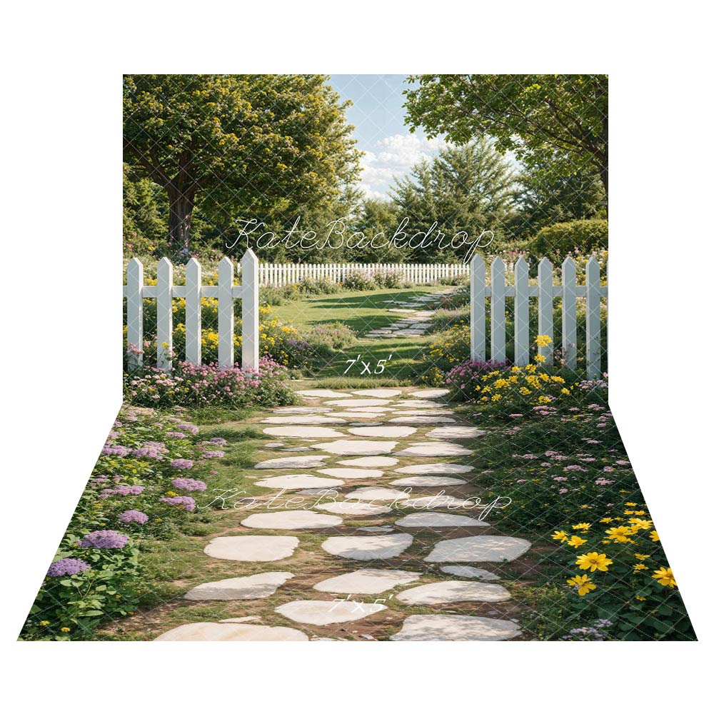 Lightning Deals Kate Spring Garden Path White Fence Backdrop+Stone Floral Garden Floor Backdrop