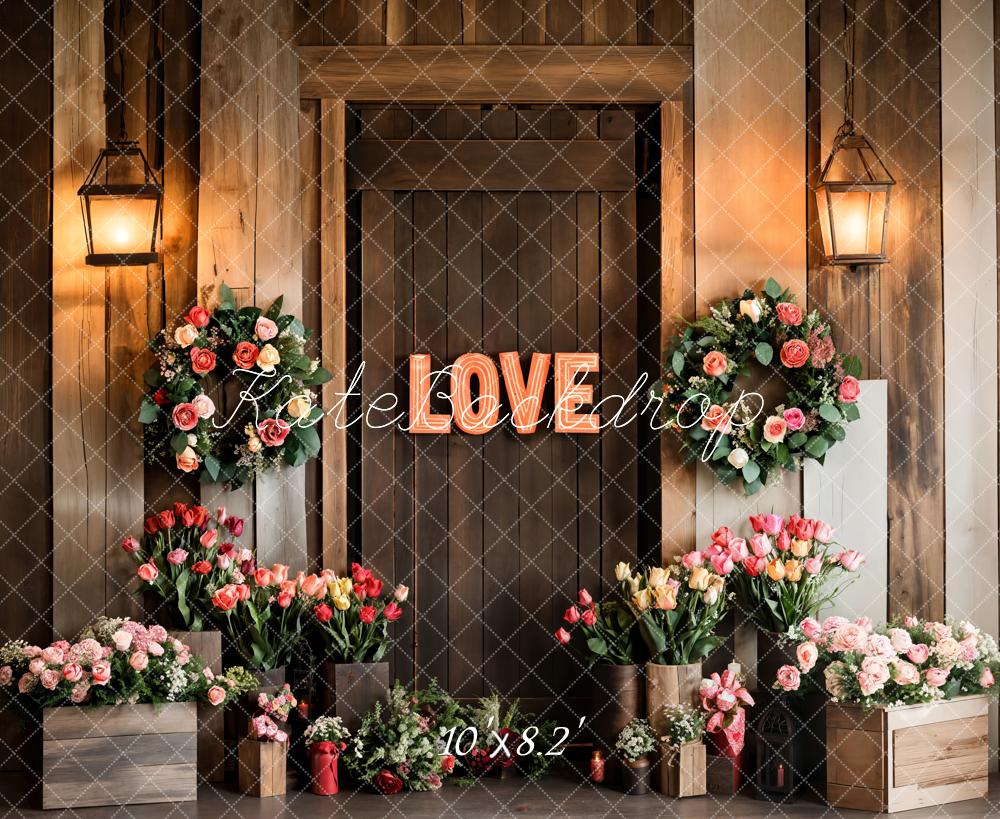 Lightning Deals Kate Valentine's Day Love Floral Wood Door Backdrop Designed by Emetselch -UK