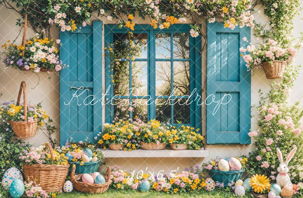 On Sale Kate Easter Bunny Floral Blue Window Backdrop Designed by Emetselch