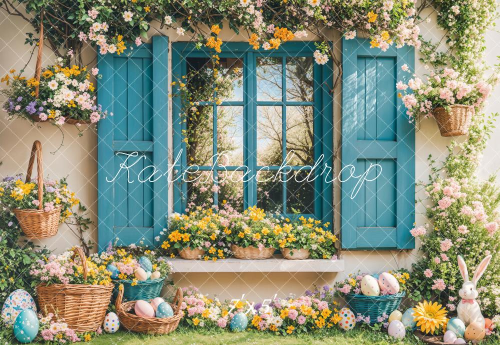 On Sale Kate Easter Bunny Floral Blue Window Backdrop Designed by Emetselch