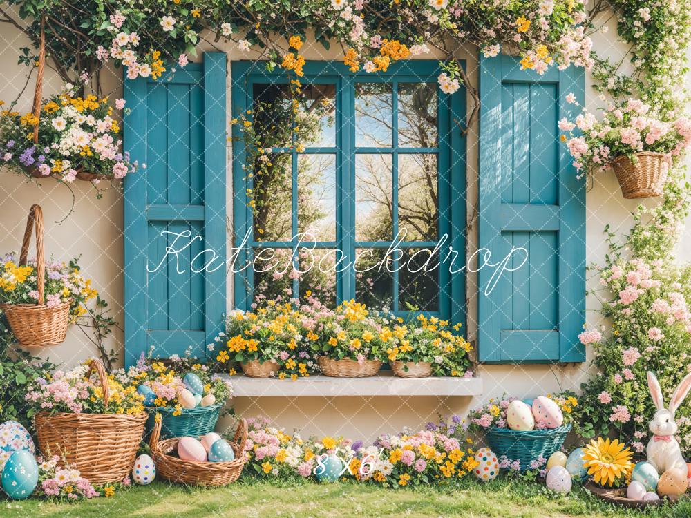 On Sale Kate Easter Bunny Floral Blue Window Backdrop Designed by Emetselch