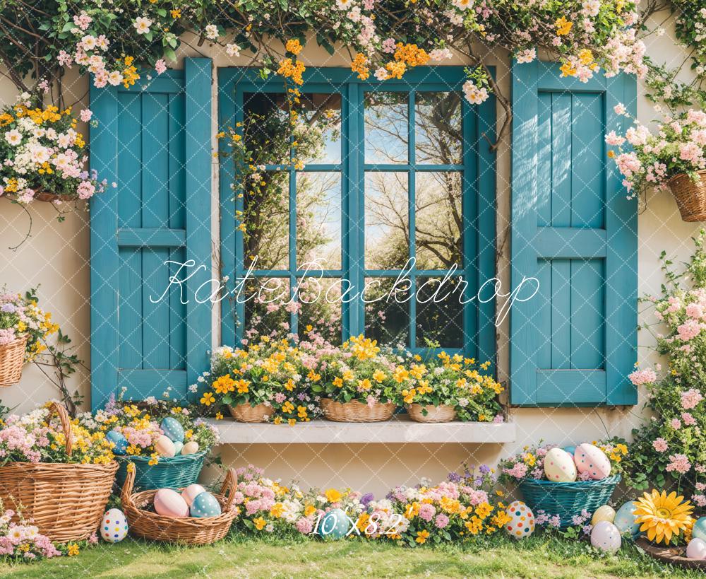 On Sale Kate Easter Bunny Floral Blue Window Backdrop Designed by Emetselch