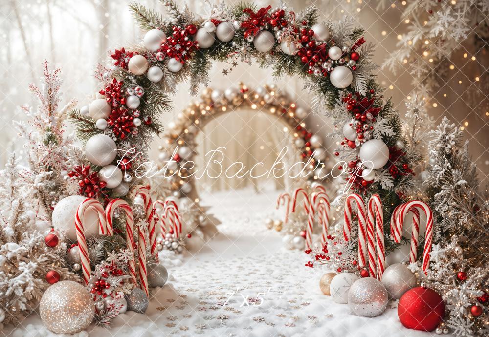 Kate Christmas Candy Cane Arch Snow Backdrop Designed by Emetselch