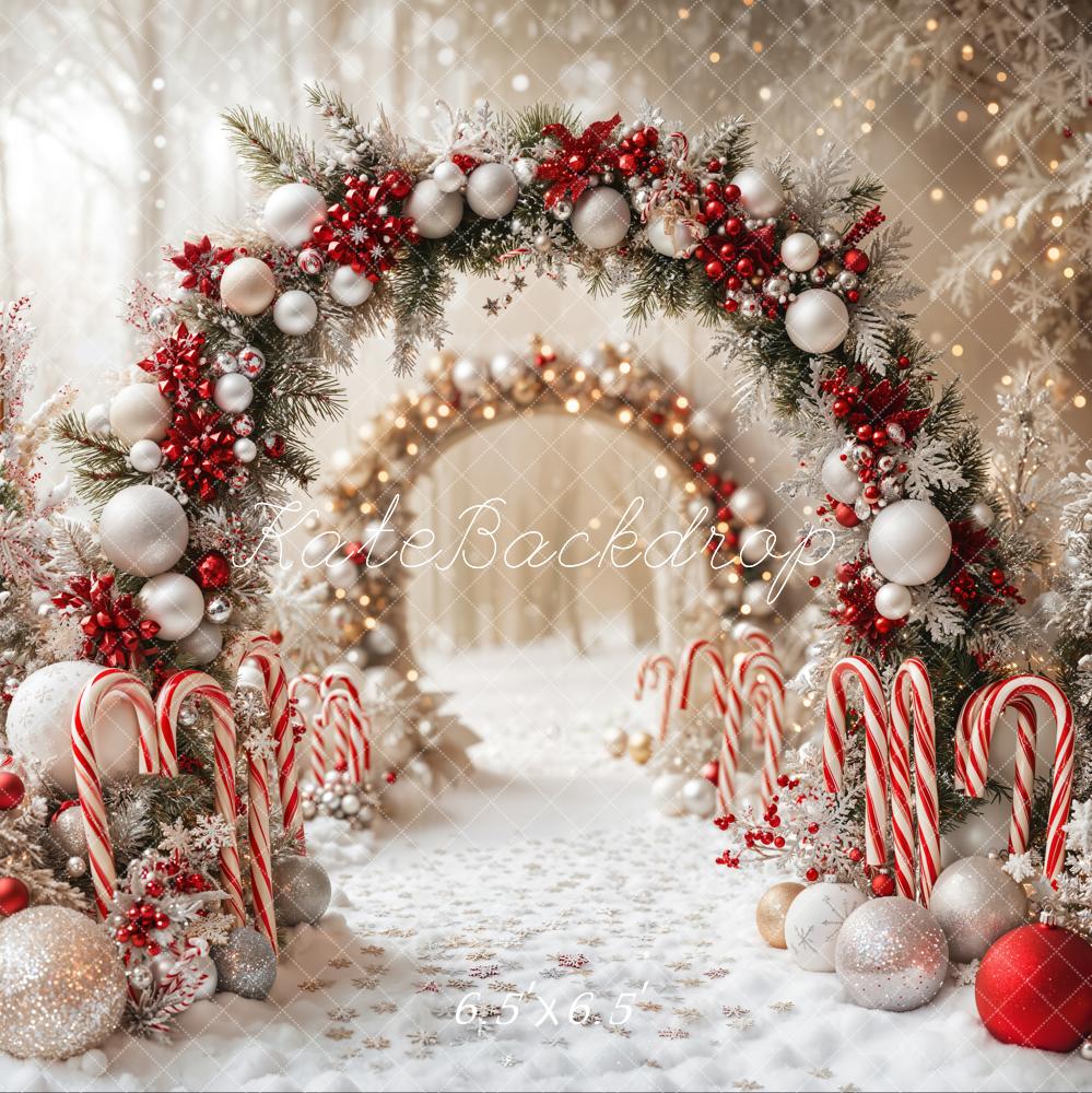 Kate Christmas Candy Cane Arch Snow Backdrop Designed by Emetselch