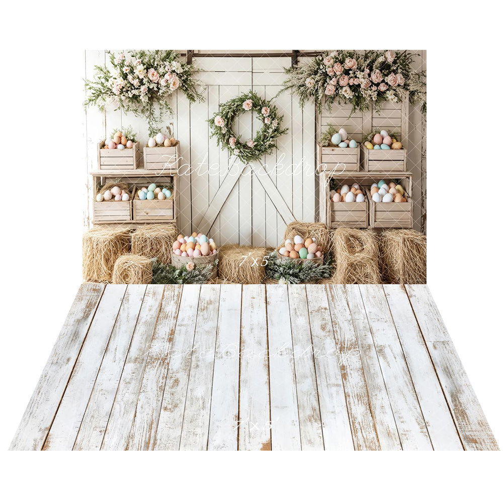 Kate Easter Floral Egg Farmhouse Backdrop+White Retro Wood Floor Backdrop -UK