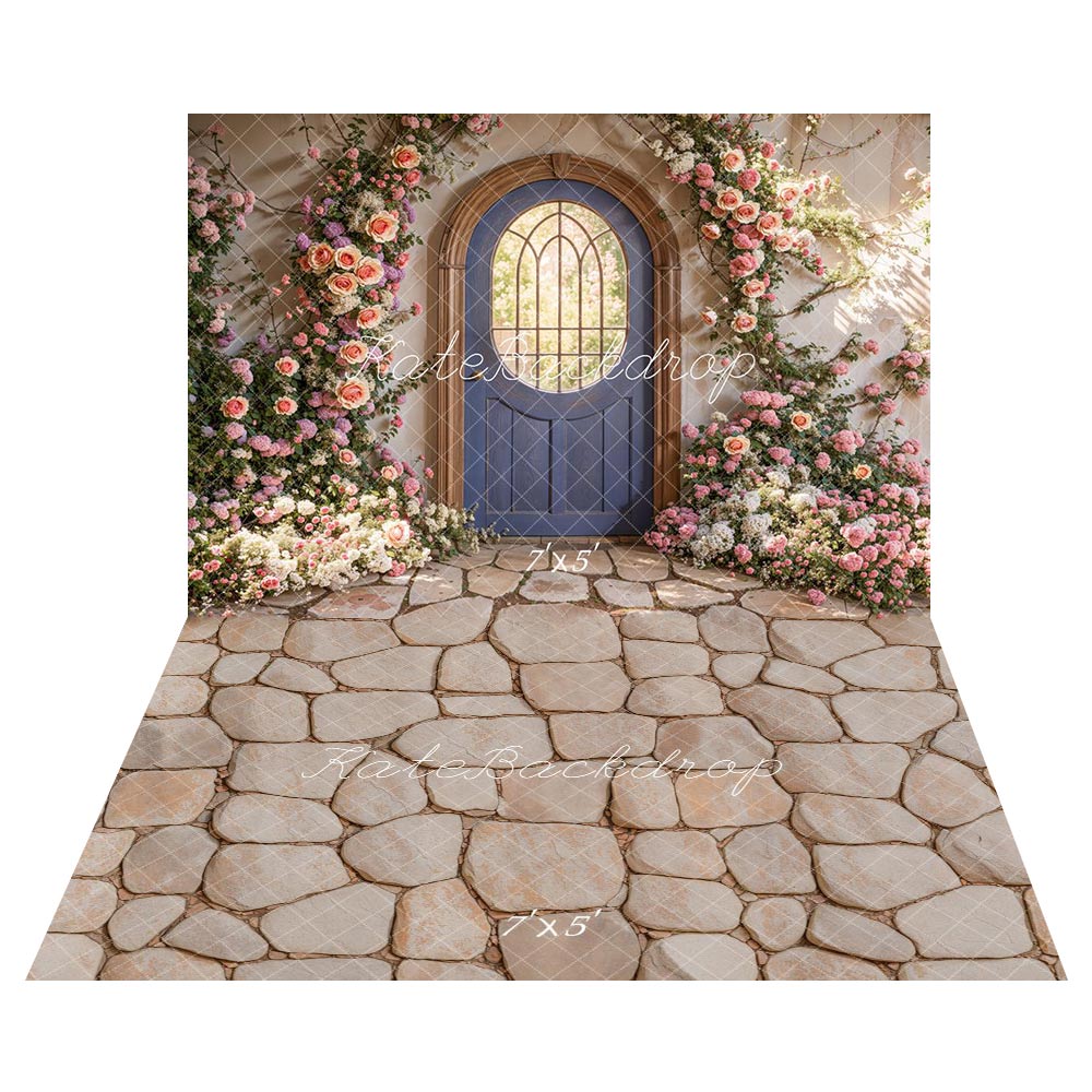 Lightning Deals Kate Spring Floral Arched Doorway Backdrop+Stone Cobblestone Floor Backdrop