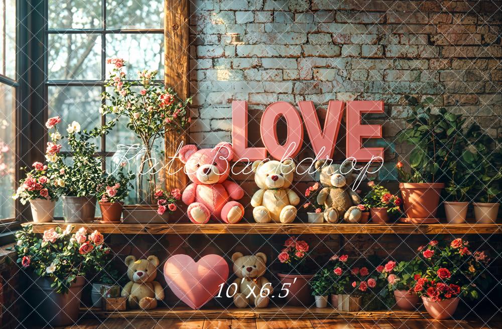 Kate Valentine Love Teddy Bear Floral Backdrop Designed by Emetselch -UK