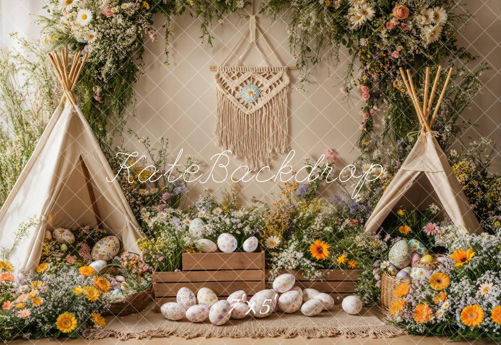 Kate Easter Boho Floral Teepee Eggs Backdrop Designed by Emetselch