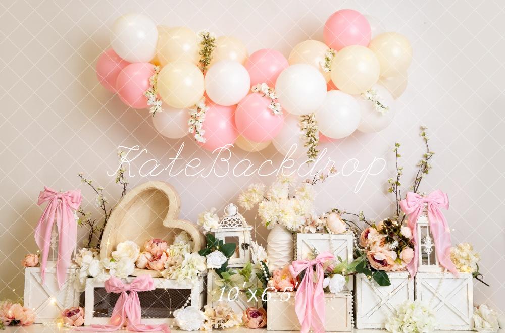 Lightning Deals Kate Floral Balloon Heart Pink Bows Backdrop Designed by Megan Leigh Photography -UK