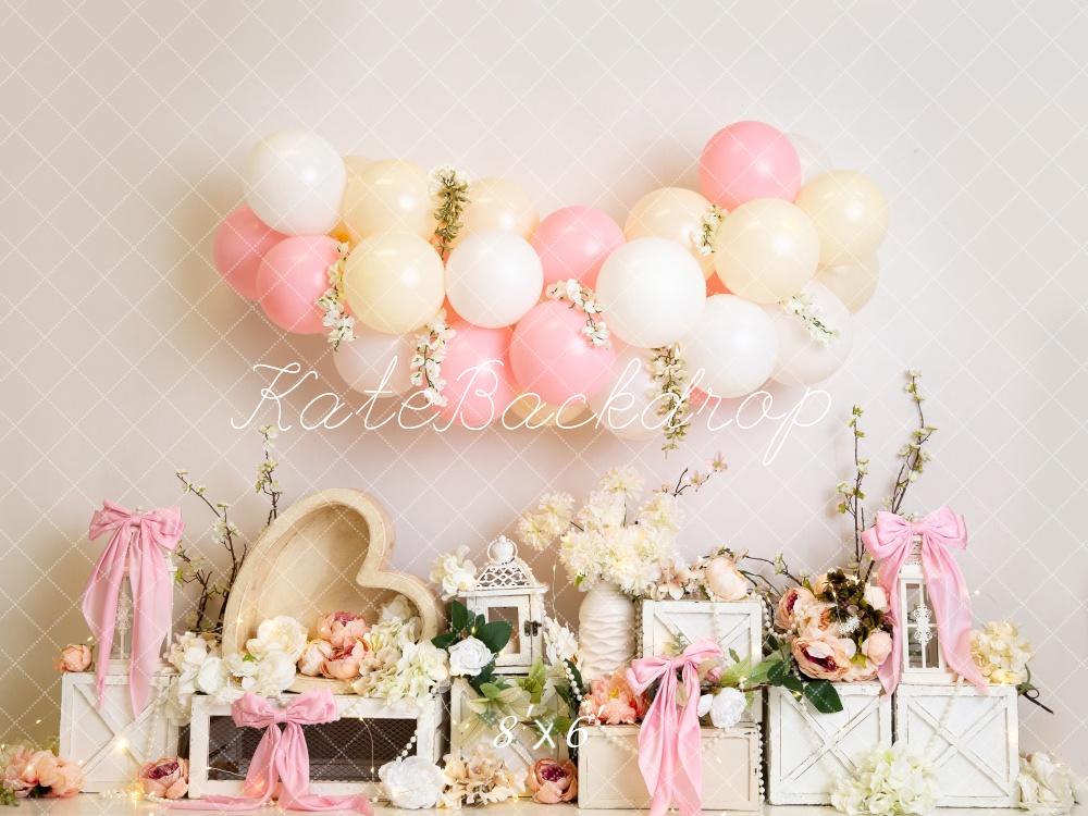 Lightning Deals Kate Floral Balloon Heart Pink Bows Backdrop Designed by Megan Leigh Photography -UK