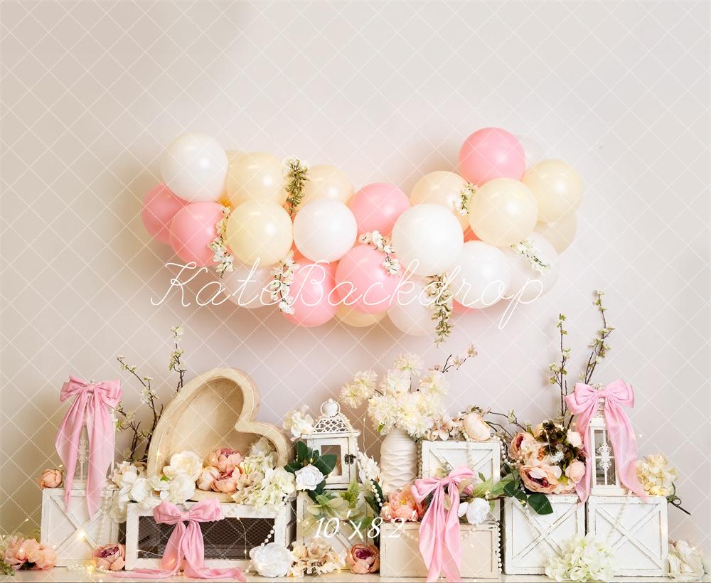 Lightning Deals Kate Floral Balloon Heart Pink Bows Backdrop Designed by Megan Leigh Photography -UK