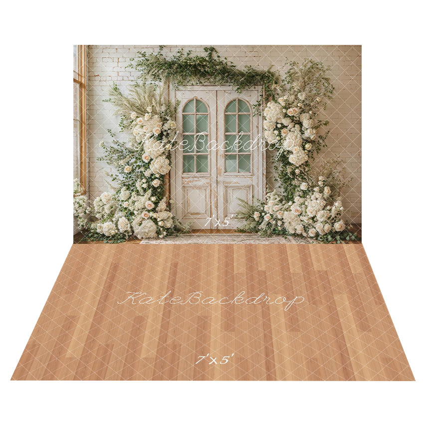 Kate Spring Wedding Floral Door Backdrop+Light Brown Wood Floor Backdrop