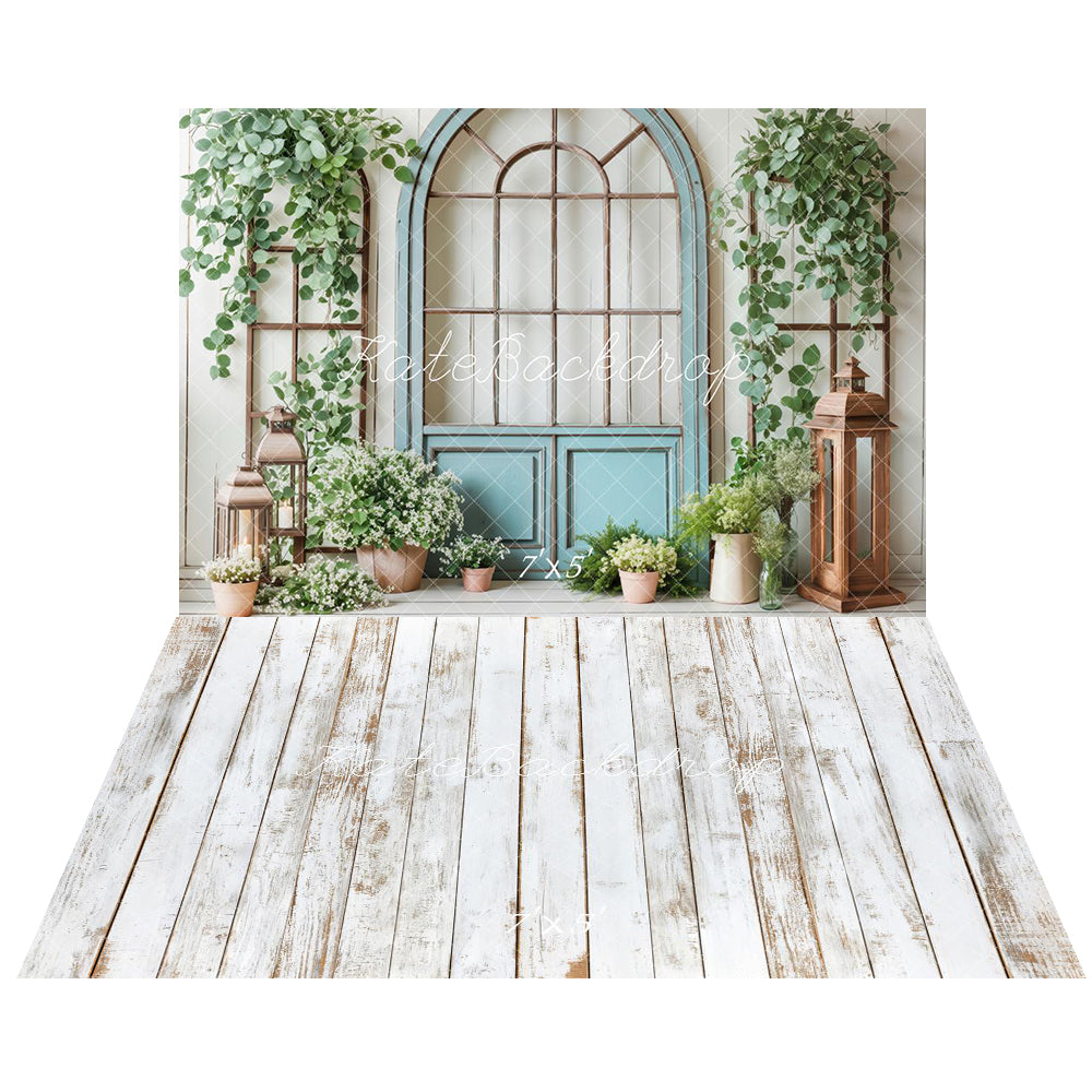 Kate Spring Blue Door Greenery Backdrop+White Retro Wood Floor Backdrop -UK