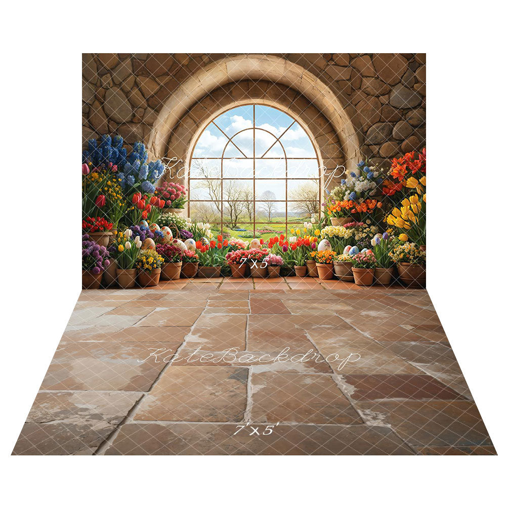 Kate Easter Garden Window Floral Backdrop+Vintage Cobblestone Floor Backdrop -UK