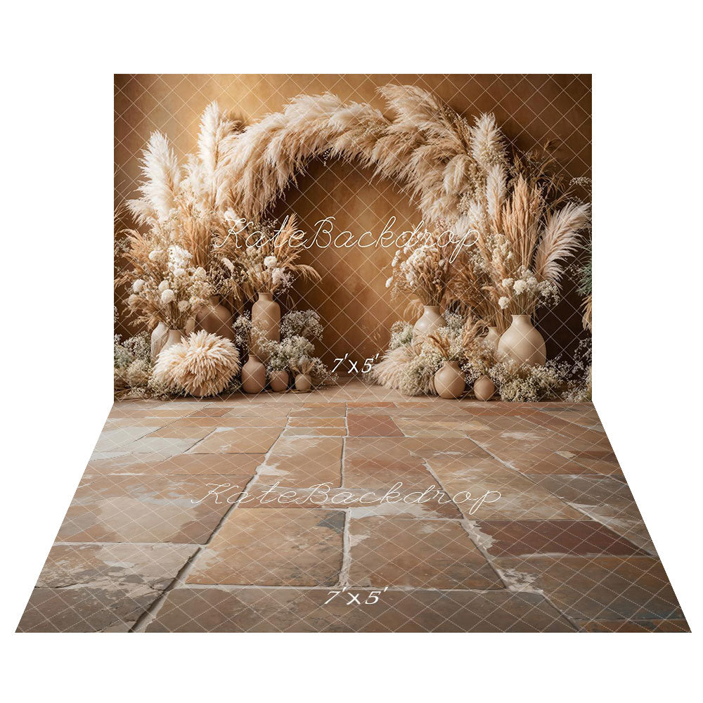 Kate Boho Arch Pampas Grass Brown Backdrop+Vintage Cobblestone Floor Backdrop -UK