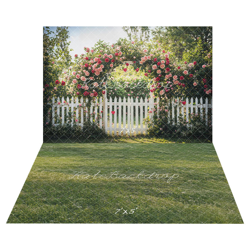 Kate Valentine Flower Arch Garden Fence Backdrop+Green Grass Floor Backdrop -UK