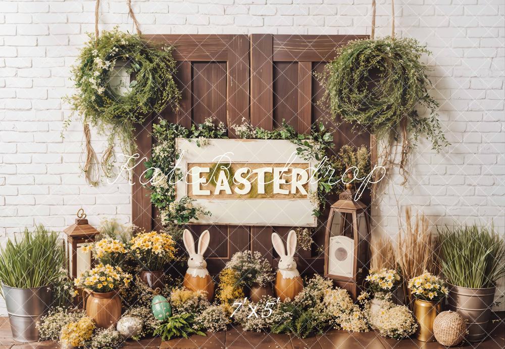 Kate Easter Bunny Flowers Rustic Door Backdrop Designed by Emetselch -UK