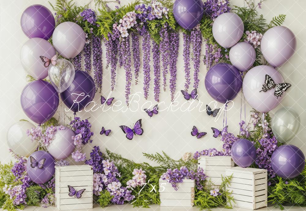 On Sale Kate Cake Smash Purple Balloon Floral Butterflies Backdrop Designed by Emetselch