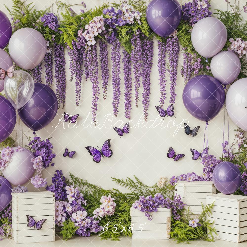 On Sale Kate Cake Smash Purple Balloon Floral Butterflies Backdrop Designed by Emetselch