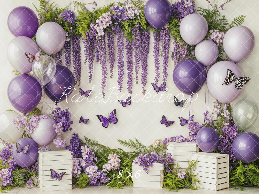 On Sale Kate Cake Smash Purple Balloon Floral Butterflies Backdrop Designed by Emetselch