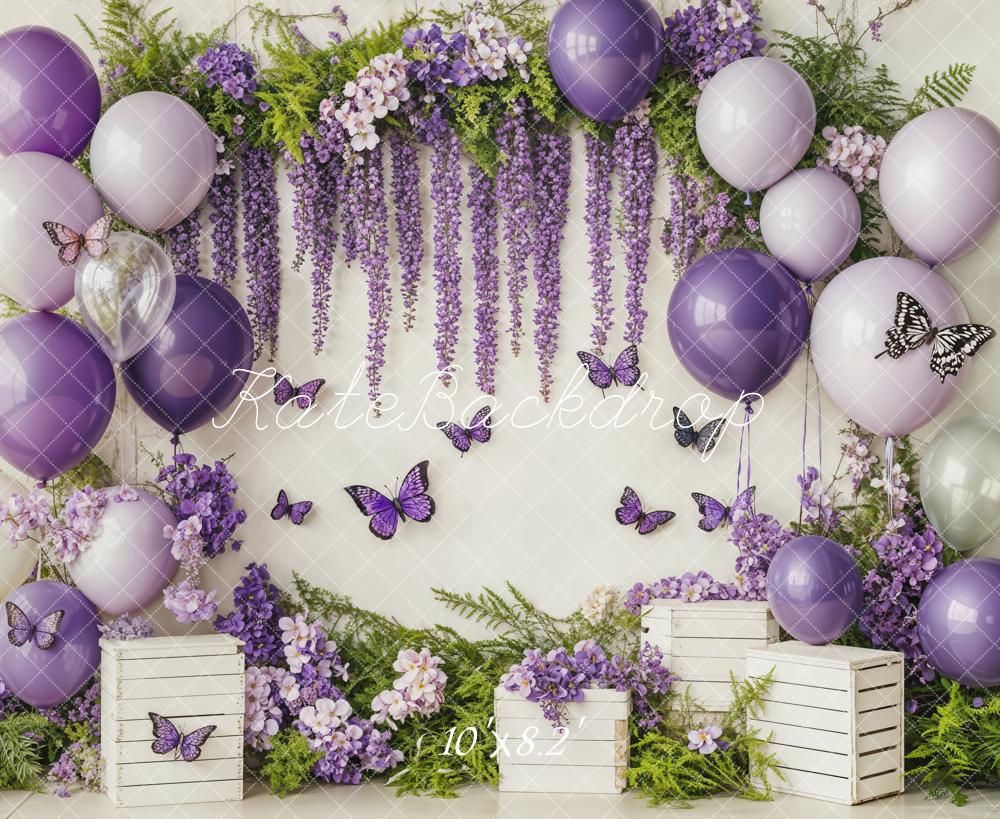 On Sale Kate Cake Smash Purple Balloon Floral Butterflies Backdrop Designed by Emetselch