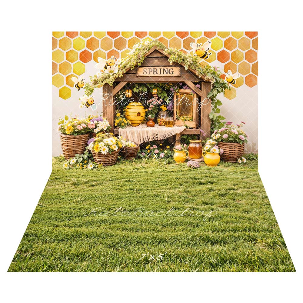 On Sale Kate Spring Bee Honeycomb Floral Backdrop+ Green Grass Field Floor Backdrop