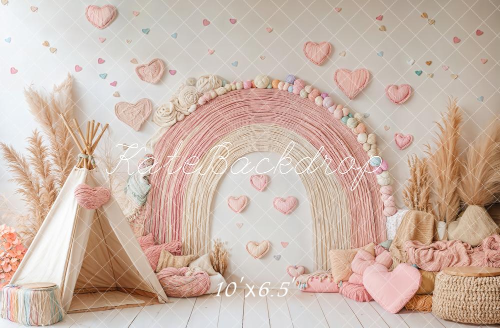 Kate Boho Rainbow Tent Hearts Pink Backdrop Designed by Emetselch -UK