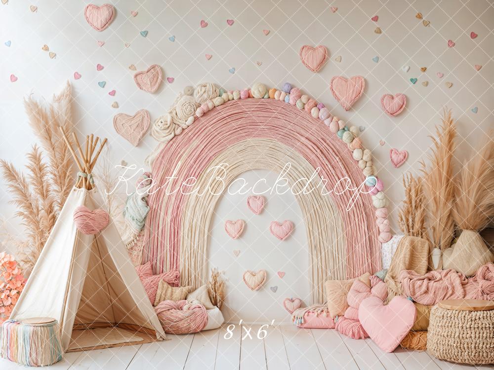 Kate Boho Rainbow Tent Hearts Pink Backdrop Designed by Emetselch -UK