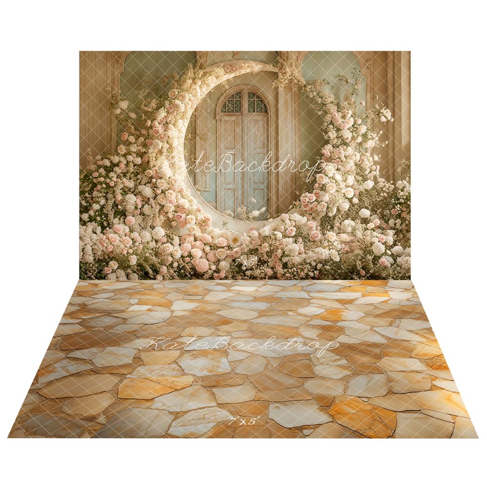 Kate Mother's Day Floral Moon Arch Wedding Backdrop+Yellow Stone Texture Floor Backdrop