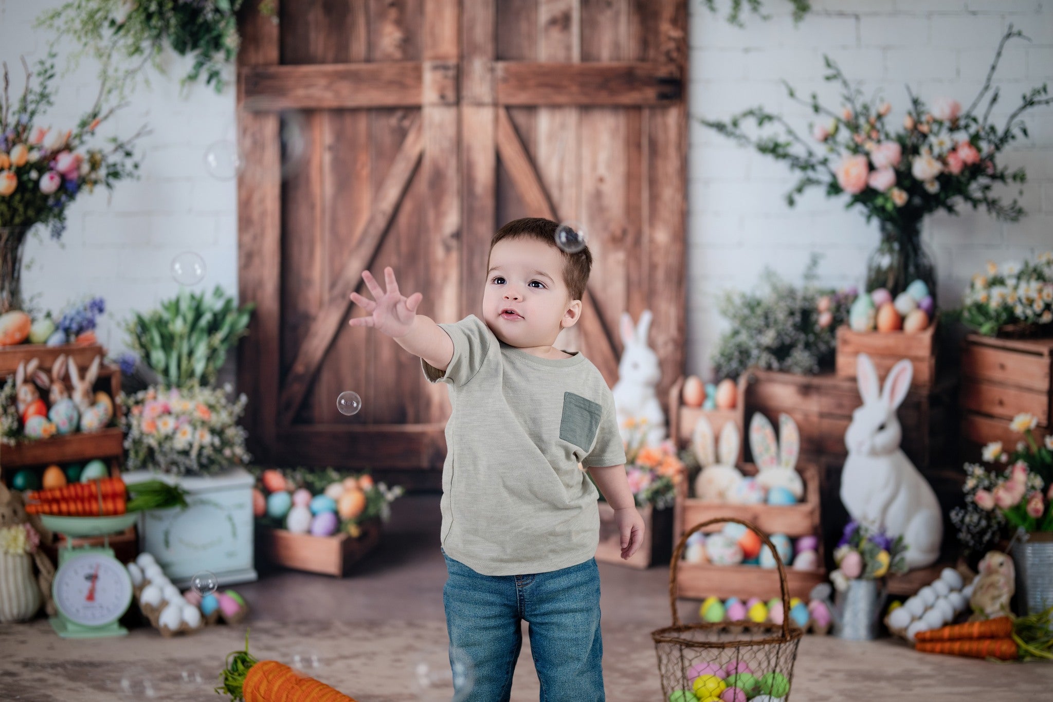 On Sale Kate Easter Barn Door Bunny Floral Backdrop+Abstract Light Brown Beige Floor Backdrop -UK